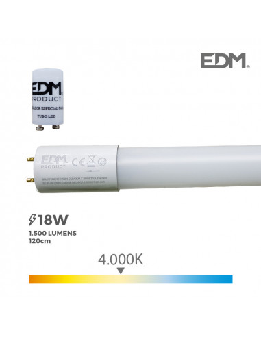 tubo led t8 18w 1600lm 4000k luz dia (eq.36w) ø2,6x120cm edm