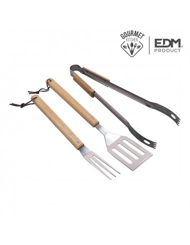 set 3 utensilios para barbacoa madera/acero inox edm