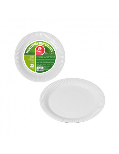 Pack con 25unid. platos postre blancos cartón 18cm| Best Products Green